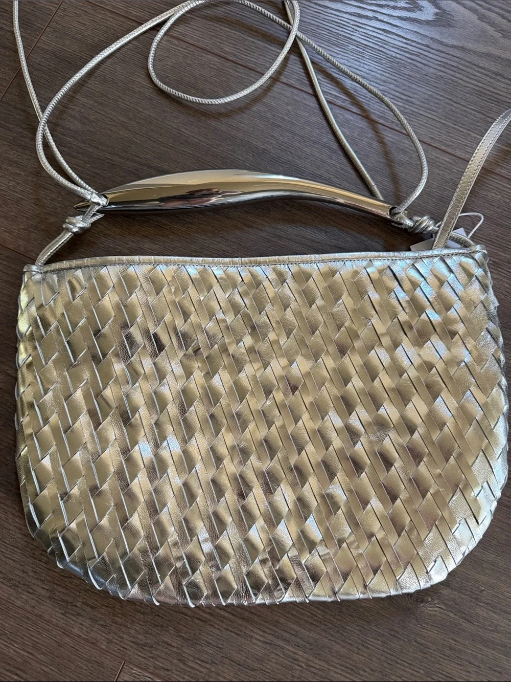 Walter Baker Leather Weaved Hazel Hobo Bag Silver Indsutrial Handle Metallic NEW